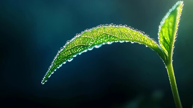 Close-up view of a fresh green leaf with dew drops glistening under soft light in a serene natural setting