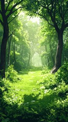 Obraz premium Expansive Sunlit Forest Scene with Lush Greenery and Peaceful Vibes