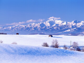 丘の上の小屋と芦別岳（美瑛町）
