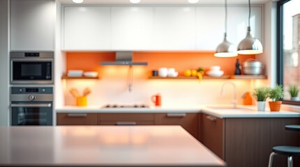 A modern kitchen showcases appliances and d?cor with blurred background
