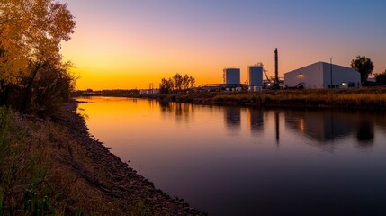 Naklejka premium Industrial Sunset River Factory Autumn Landscape