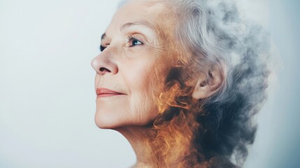 Portrait of a Thoughtful Elderly Woman with Abstract Fire and Smoke Overlay