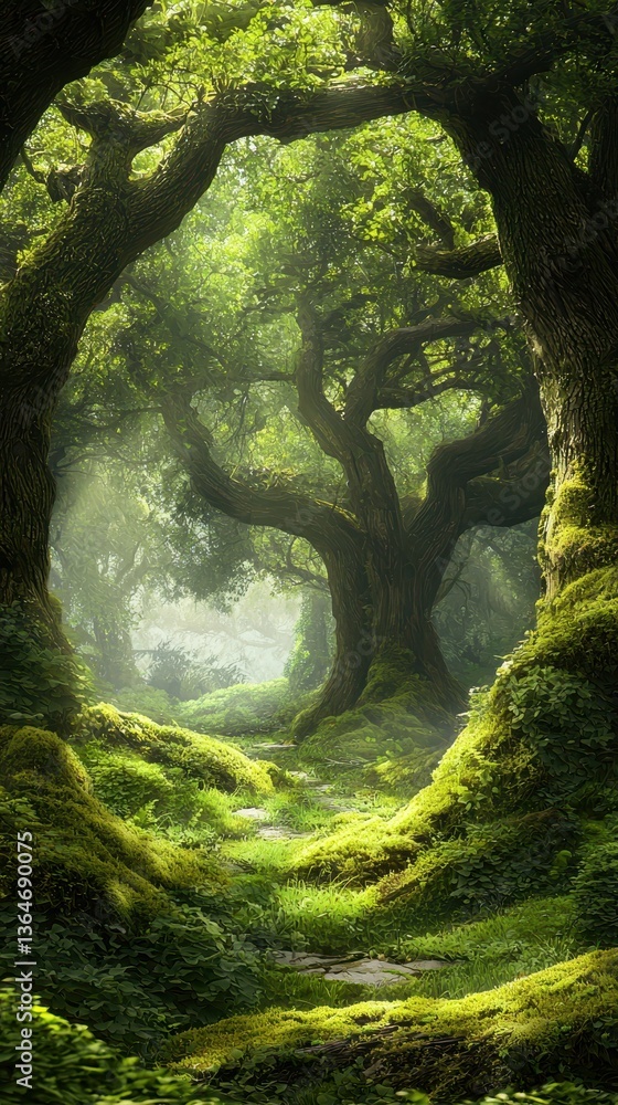 Poster lush greenery scene with ancient trees and soft moss carpet