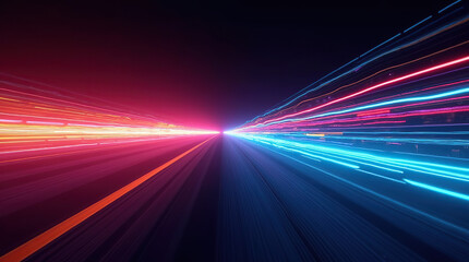 Vibrant neon color trails streak across a dark background, creating a dynamic motion blur that captures high-speed energy and intense movement.