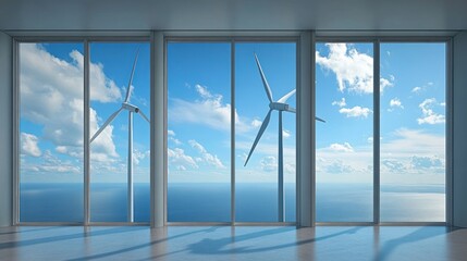 Modern office with panoramic ocean view and wind turbines.