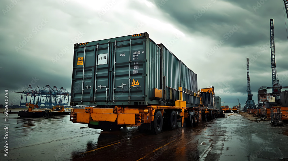 Poster workers guide container loading in a harbor under cloudy skies, showcasing logistics and industrial 