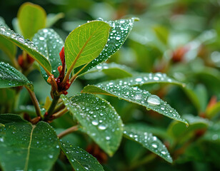 Fototapeta premium Abundant dew on green leaves of a plant. Drops of water on greenery. Freshness of the morning