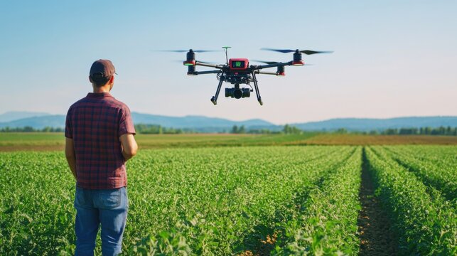 A technician testing an autonomous drone for precision agriculture, farmland with drones flying over crops and real-time monitoring data, High-tech style