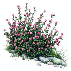 Fototapeta premium Lush Pink Rose Bush Blooming in a Rock Garden