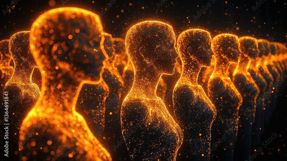 Aufkleber futuristic representation of human-like figures with glowing particles illustrating adaptability in 