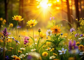Fototapeta premium Spring Wildflower Meadow: Golden Sunlight Macro Photography - Floral Border Template