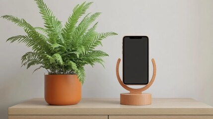 Modern phone stand with plant on wooden table.