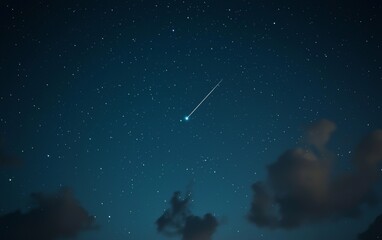 Naklejka premium Meteor streaks across a night sky filled with stars and clouds above a tranquil landscape