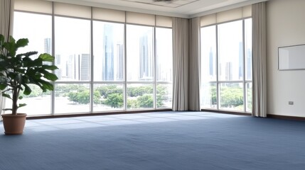 Fototapeta premium Modern Office Room Panoramic City View Empty Space Large Windows Minimalist Design Bl