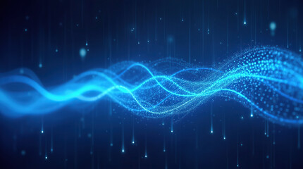 A futuristic digital scene featuring blue streaks of light falling like rain, embodying dynamic energy flow in an abstract design.