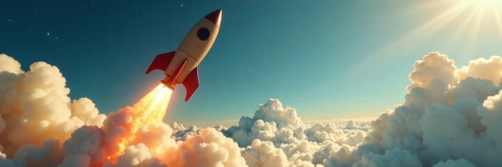 A wooden rocket soaring through the sky with a trail of smoke and fire, rocket, launch