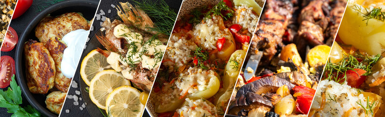 Food collage of main courses with meat and stewed vegetables
