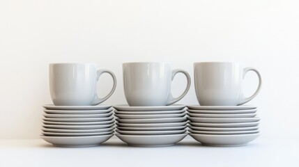Stacked White Cups and Plates on a Minimalist Background