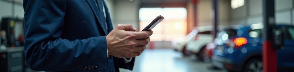 Businessman uses smartphone in garage car service center, tech, businessman
