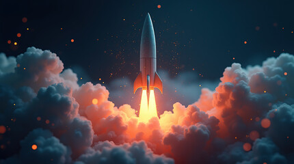 A futuristic rocket blasts off, surrounded by digital data streams and glowing particles, signaling a new era of exploration.