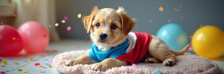 Charming puppy in Argentine flag attire, lying on a soft cushion, with confetti and balloons around it, congrats, celebration
