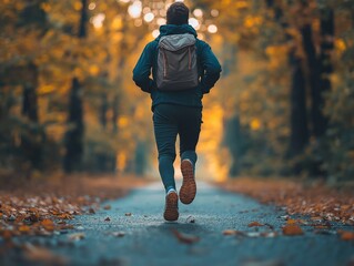 Autumn Forest Running Path: Morning Exercise in Nature with Backpack and Running Shoes