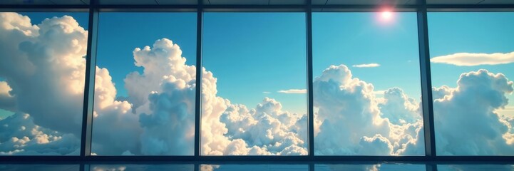 Clouds in Office Building Windowpane Reflection, modern building, office building