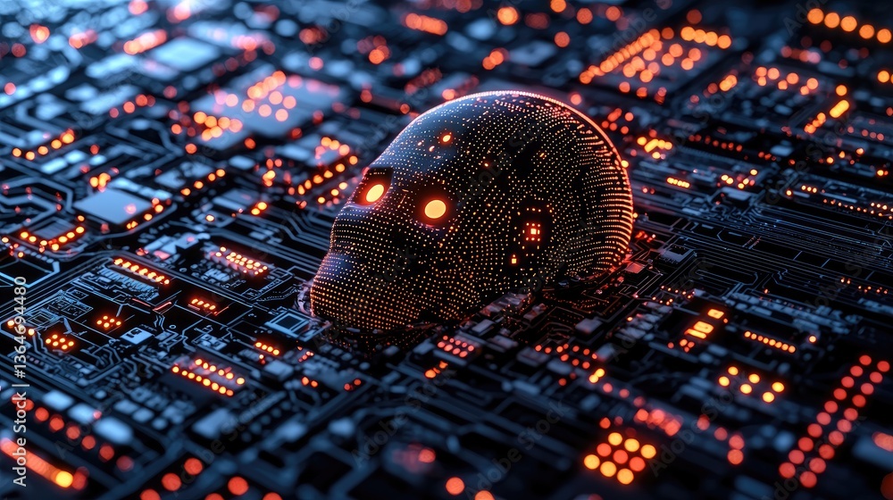 Poster futuristic ai language model with circuitry and adaptability highlights in a digital landscape