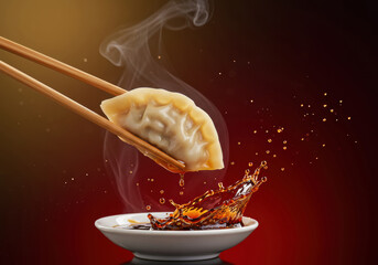 Studio Food Photography: Steaming Dumpling with Dynamic Soy Splash and Chopstick Detail - Asian Cuisine