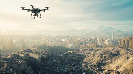 Drone surveying a landfill city landscape