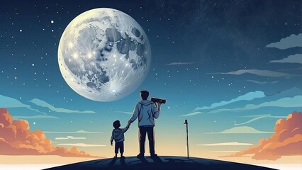 Naklejka premium Silhouette of a father and child standing against a large moonlit background,