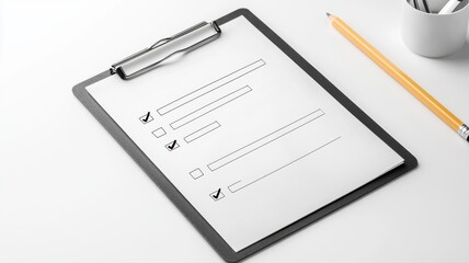 Minimalist clipboard with checklist and pencil on desk, ideal for productivity and organization themes.
