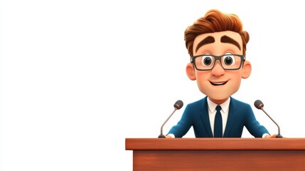 A cartoon man in glasses is standing at a podium