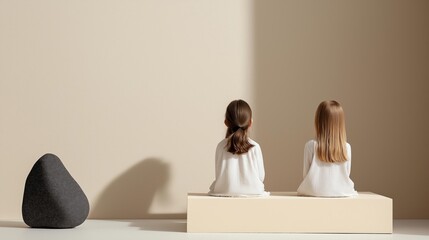 Two young girls sitting on a white bench in a room with a beige wall. they are both wearing white dresses and have their hair tied back in a ponytail.
