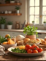 Wooden Table Food Preparation with Fresh Vegetables in Bright Kitchen