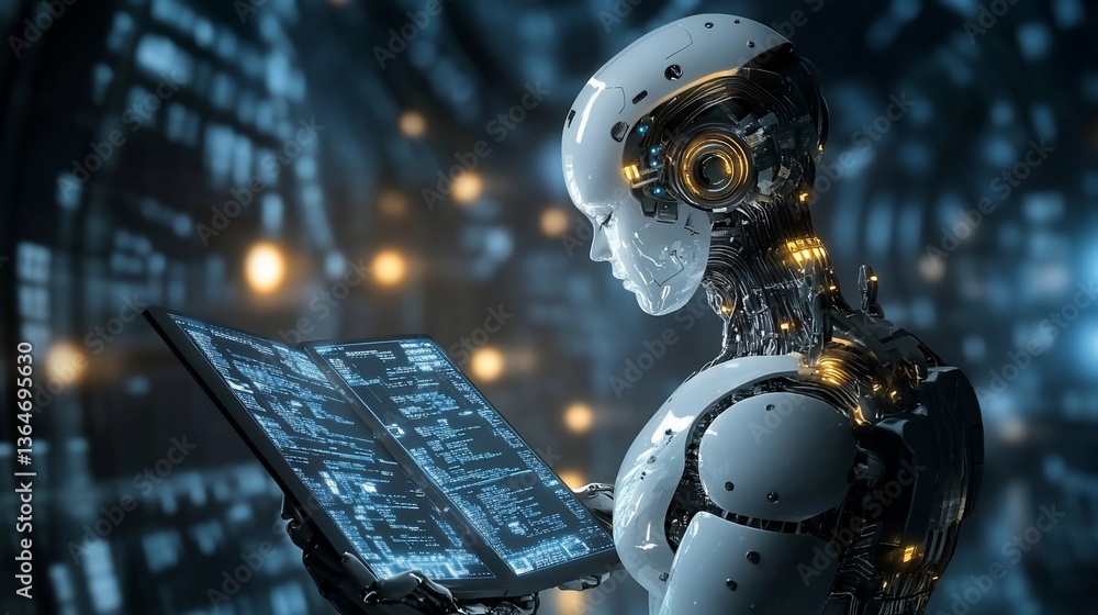 Aufkleber futuristic ai robot analyzing data on screen in a cyberpunk setting