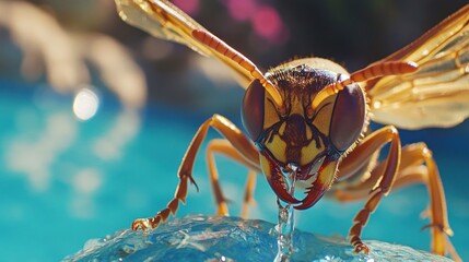 Naklejka premium Close-up of wasp drinking water from a fountain