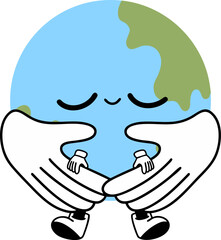 Cuddly Earth character with hands embracing, symbolizing love and care for planet