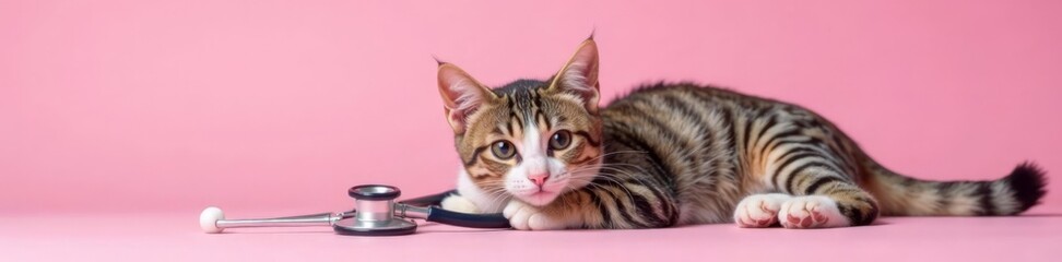 Obraz premium Feline head on stethoscope resting on paws on pink background, stethoscope, medical equipment