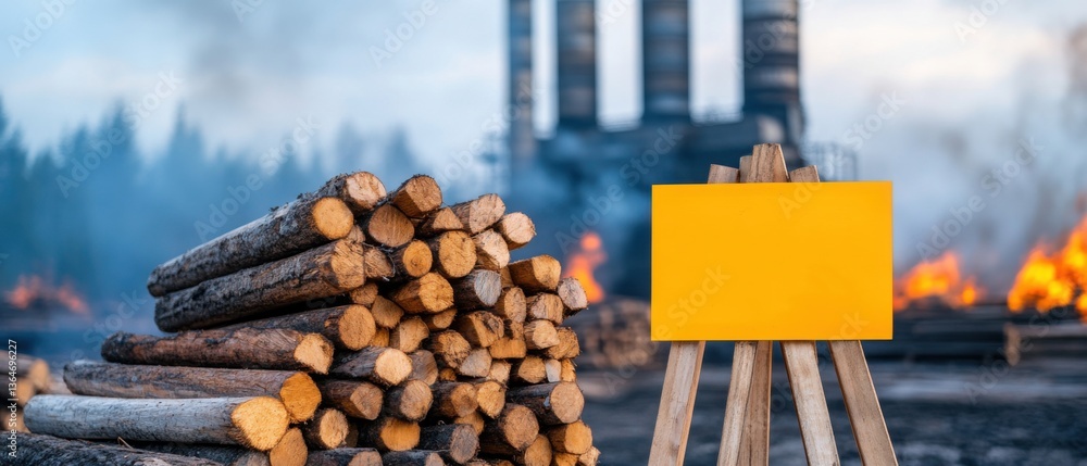Poster stack of lumber with empty signboard in front of smokestacks producing smoke in industrial forest se