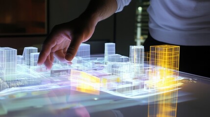 A virtual architect designing buildings with holographic tools, sleek office with digital projections of buildings, High-tech style