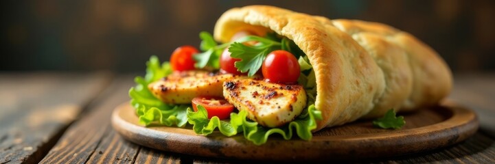 Grilled chicken breast on a fresh pita roll with lettuce salad and various toppings, gyro, pita
