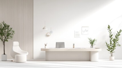 Minimalist modern office with sleek design and greenery, promoting a calm and productive working environment.