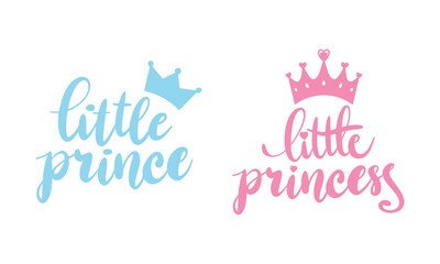 Little prince and little princess lettering with crown