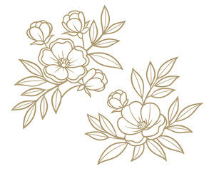 Fototapeta premium Elegant floral line art illustration featuring delicate roses and leaves. Two beautiful rose branch drawings with buds, perfect for wedding designs.
