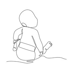Continuous single line of cute new born baby sitting and playing. Kid childhood sketch drawing editable stroke vector illustration