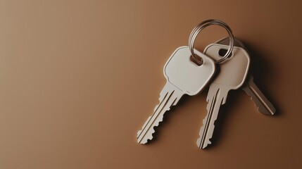 Two keys lying on a beige background. the keys are silver in color and appear to be made of metal. they are attached to a keyring with a metal ring.