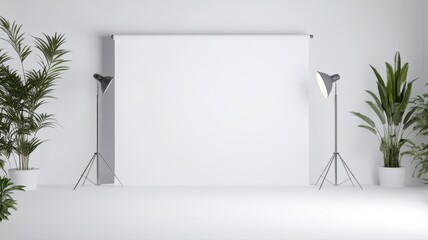 Minimalist photo studio setup with white backdrop, studio lights, and green plants for photography or video shoots.