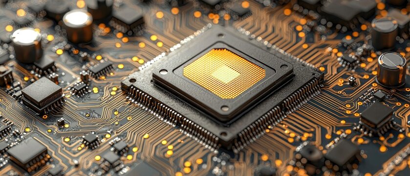 Close-up of a central processing unit integrated into a circuit board, showcasing intricate details of its golden contacts and surrounding components