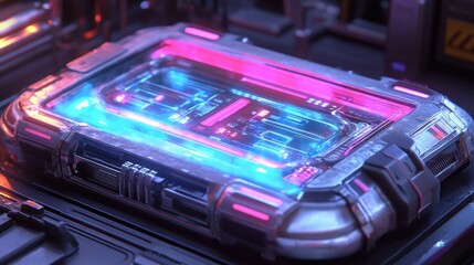 Obraz premium Futuristic tech device, glowing circuit board, in a metallic enclosure